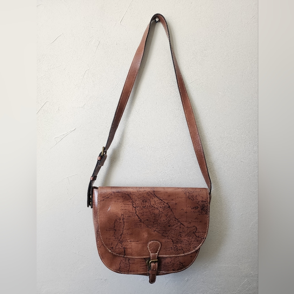 Patricia Nash Braidi Signature Map Collection Brown Leather Large Saddle Bag